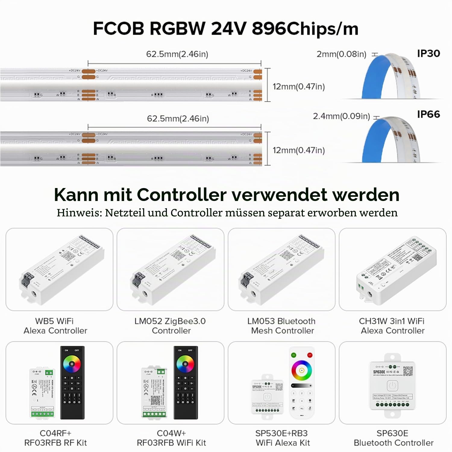 FCOB COB RGBW LED Streifen Flexibel Hohe Dicht RGBWW 2700K 5M 896LEDs/m 24V