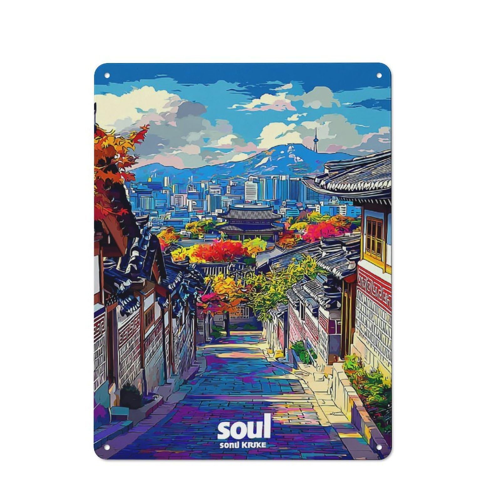 Junmoney Colorful Traditional Street Scene Vintage Tin Wall Plaque 40X30cm For Studio Or Craft Room, For Garage, Workshop And Man Cave Decoration