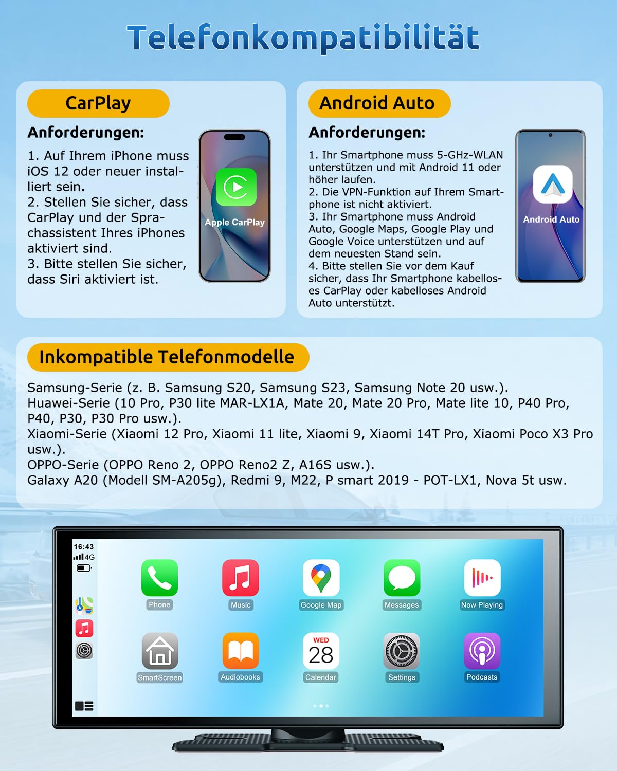 ESSGOO 11 Zoll CarPlay Android Auto Display Wireless,4K 360° Fahrzeugkamera | Apple CarPlay Bildschirm,1920×720 Touchscreen,1080P Rückfahrkamera,Bluetooth 5.3,Mirror Link,GPS,Sprachsteuerung,Autoradio