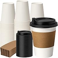 Vista 21 de RACETOP Paquete de 50 tazas de café de papel desechables de 16 onzas con tapas y mangas, vasos de papel desechables blancos, tazas calientes
