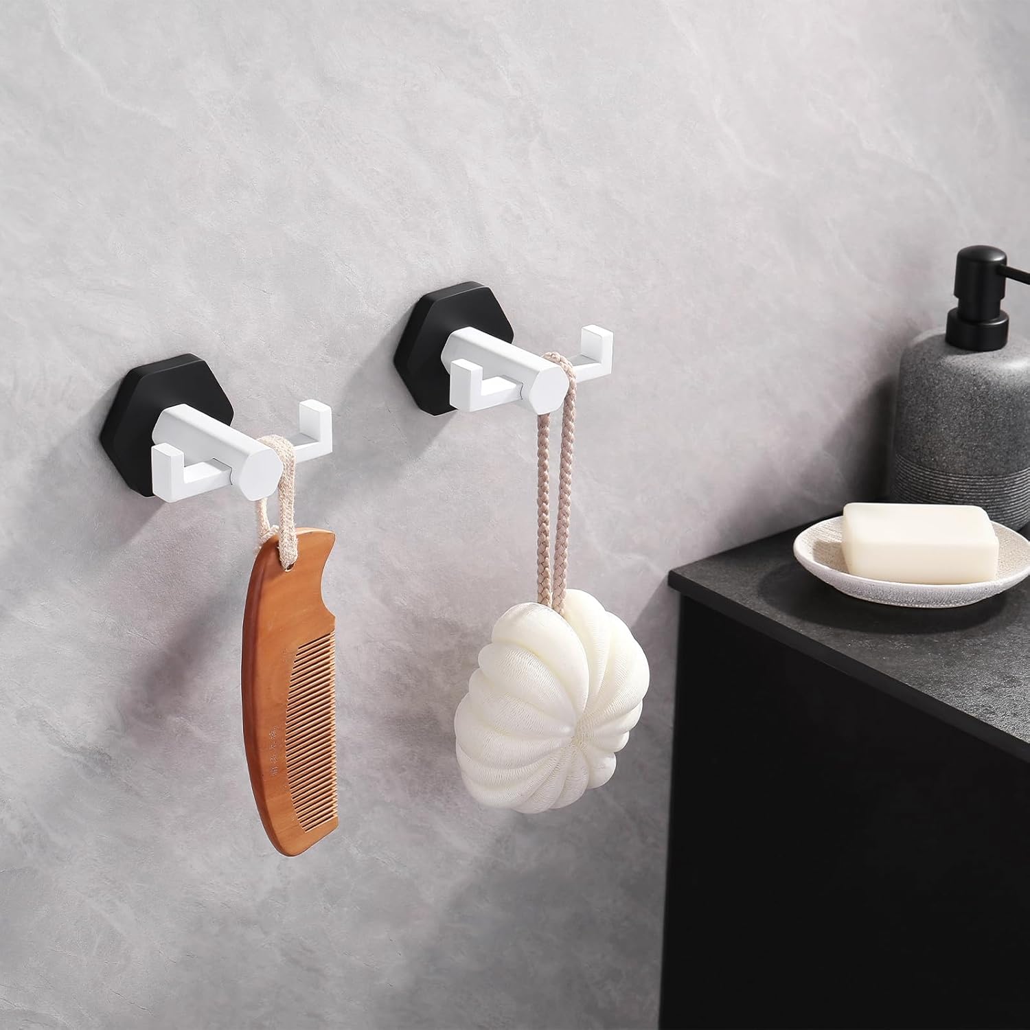 GERZWY White & Black Bathroom Double Towel Hook Stainless Steel Coat/Robe Clothes Hook for Bath Kitchen Modern Hotel Style Wall Mounted 2 Pack