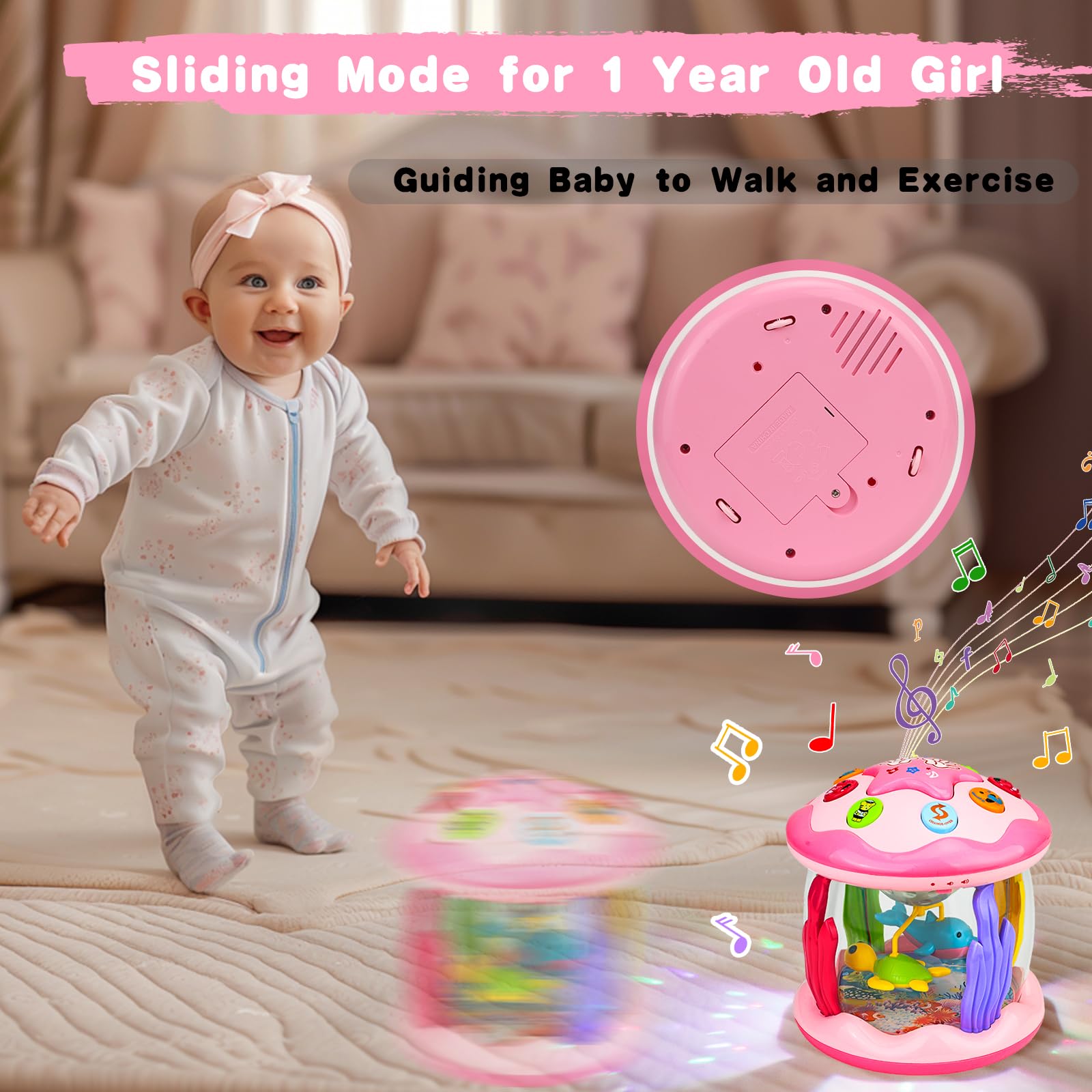 Baby Toys 6-12 Months Girl Gifts: Babies Ocean Rotating Light Up Musical Toys for Toddlers 1 2 Year Old Crawling Learning Infant Toy 6 7 8 9 10 11 12 Months Old Baby Girl Gift (Pink) - Image 3