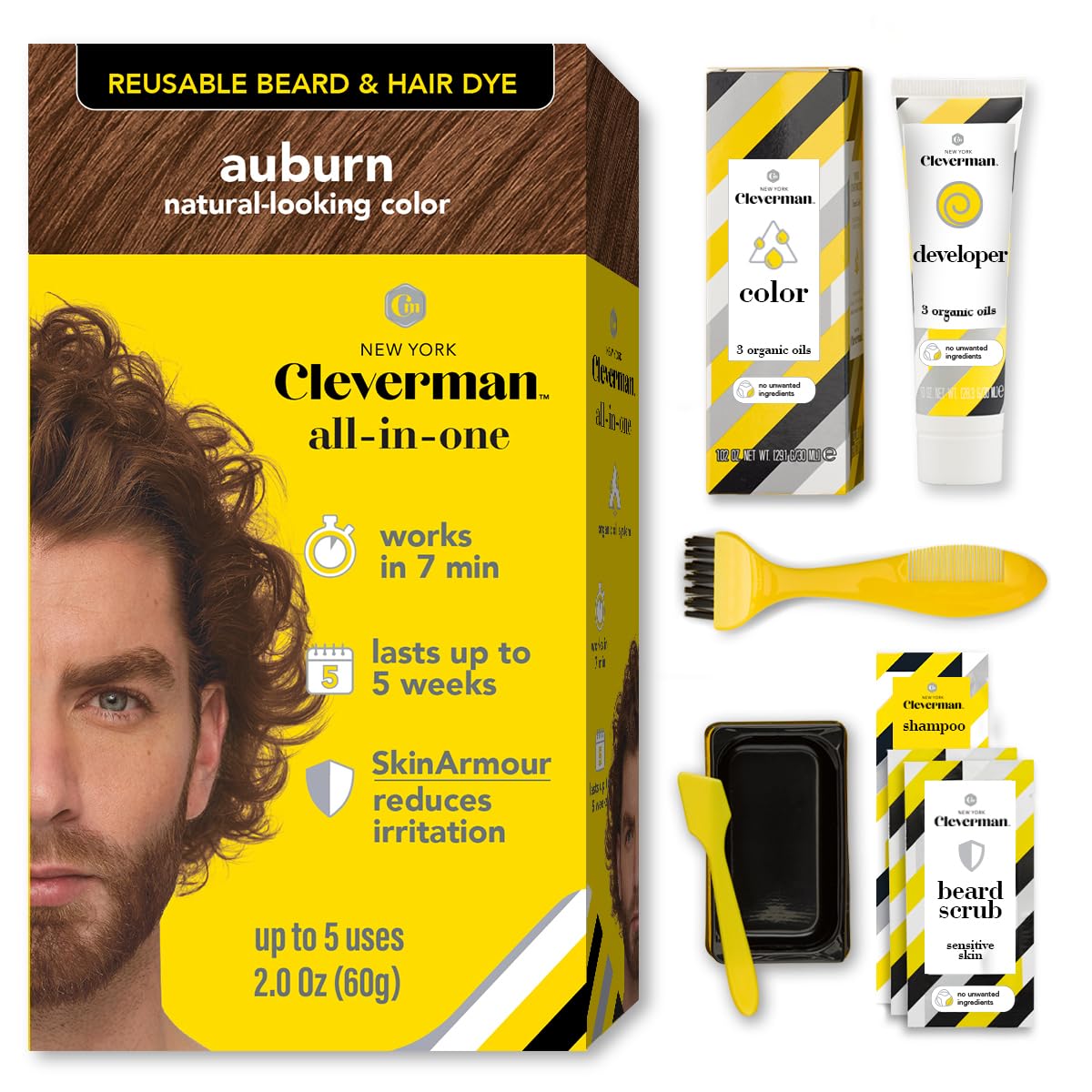 Cleverman Auburn Hair & Beard Dye for Men, All-in-One Reusable Kit - Mens Color For Natural-Looking Gray Coverage, Professional-Quality and Ammonia-Free for Hair, Beard & Gray Mustache