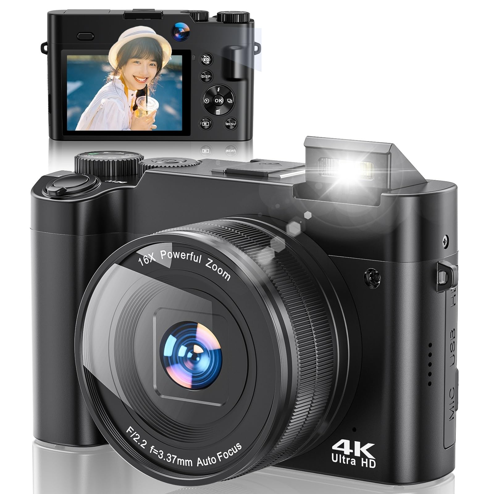 4K デジカメ 6400万画素 デジタルカメラ 16倍ズーム 3インチIPS画面 手振れ補正 ウェブカメラ機能 自撮り 連写 軽量 コンパクトHDMI出力 子供 初心者向け 修学旅行 卒業式 クリスマス 誕生日 ギフト 日本語説明書/32GBカード/予備バッテリー2個付き (ブラック)
