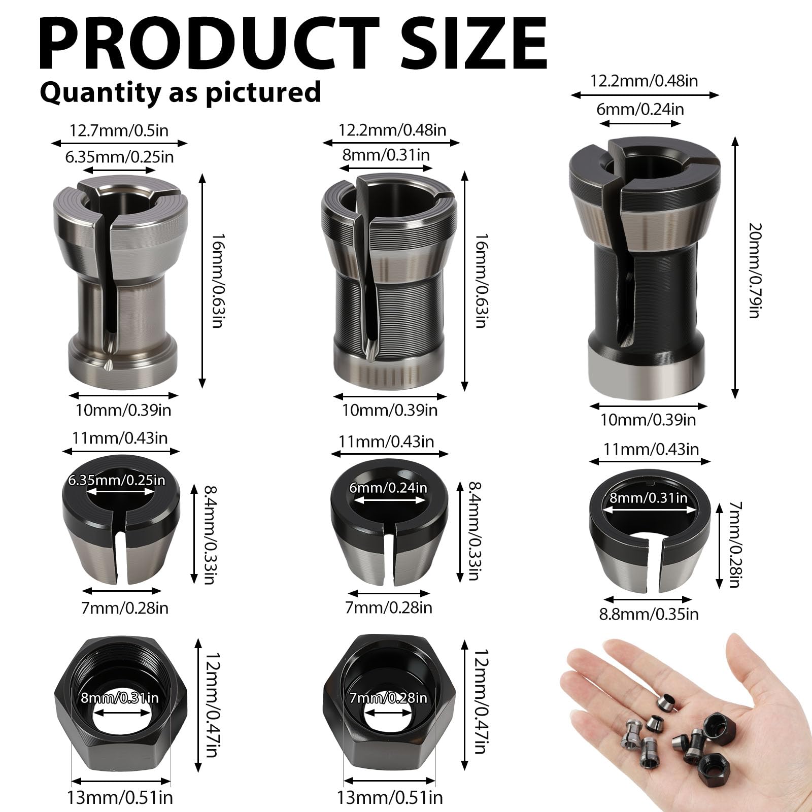 8 Stück Oberfräsen Spannzangen, Spannzangen Set 6mm 6.35mm 8mm plus 2 Muttern 13mm, Collet Adapter für Kantenfräse Trimmer Graviermaschine Holzfräse Rundschaft Fräser, präzise Klemmung Zubehör