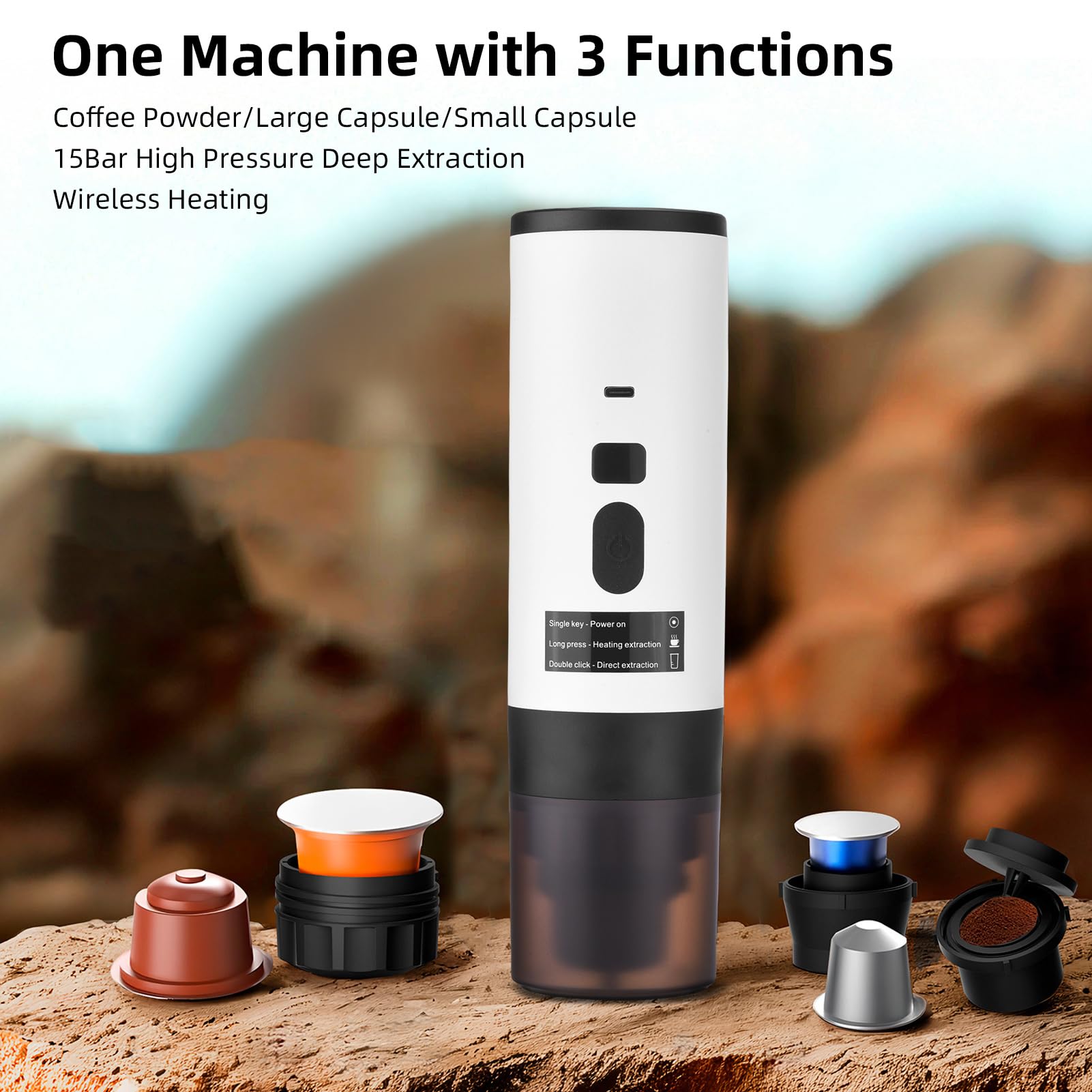 Máquina de café Portátil 3 en 1 Automáticamente Calefacción Inalámbrica de 15 Bar con Pantalla Digital
