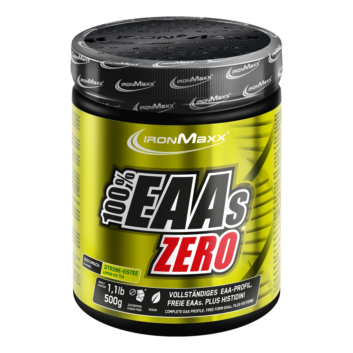 IronMaxx 100% EAAs Zero - Aminoacidi in polvere- integratore a base degli 8 aminoacidi essenziali con alto contenuto di BCAA- vegano- senza zuccheri- gusto: Tè Freddo Al Limone- Alta Dose- 500g