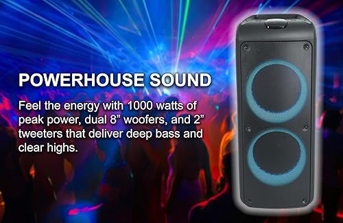 Miniatura 2 de Rockville Rock Party 9 - Altavoz Bluetooth portátil de 1000 W, woofer dual de 8 pulgadas, graves profundos, luces LED, entradas de micrófono de