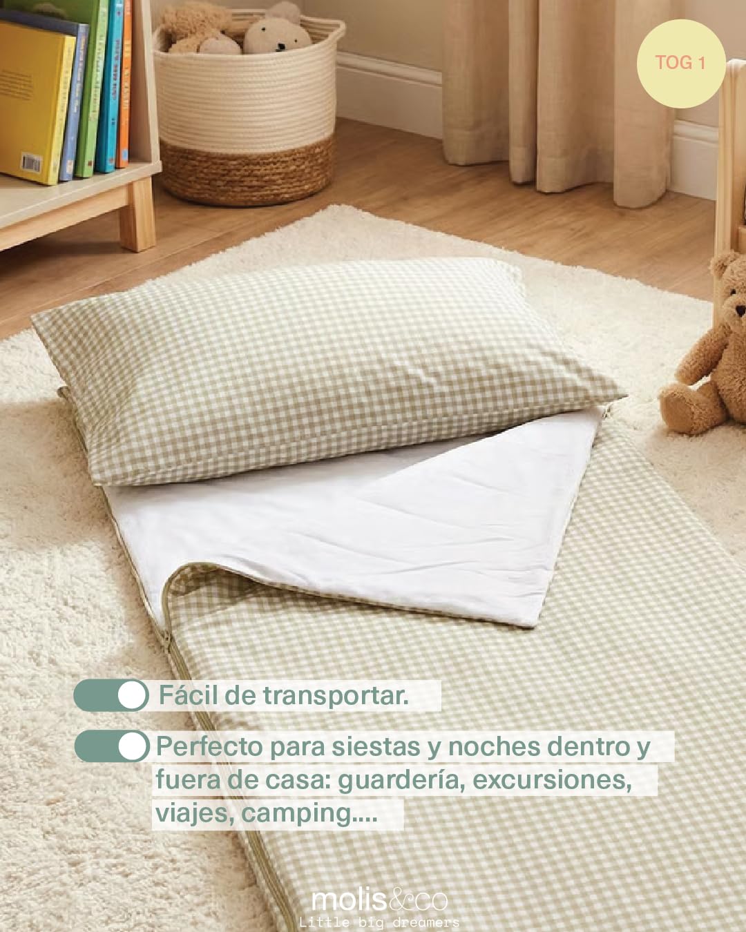 molis&co - Saco de Dormir Infantil 1.0 TOG - Saco Edredón Relleno Nórdico - Ideal para Primavera y Otoño - Juego de Manta 140x70cm con Almohada 60x40cm - 100% algodón — view 4