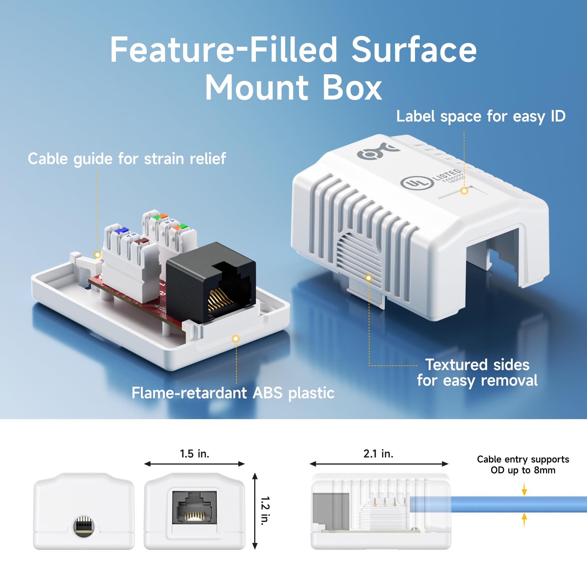 Cable Matters Lot de 10 boîtiers de Montage en Surface RJ45 Cat6 homologués UL – 1 Port en Blanc (boîtier de Montage Ethernet Cat6)