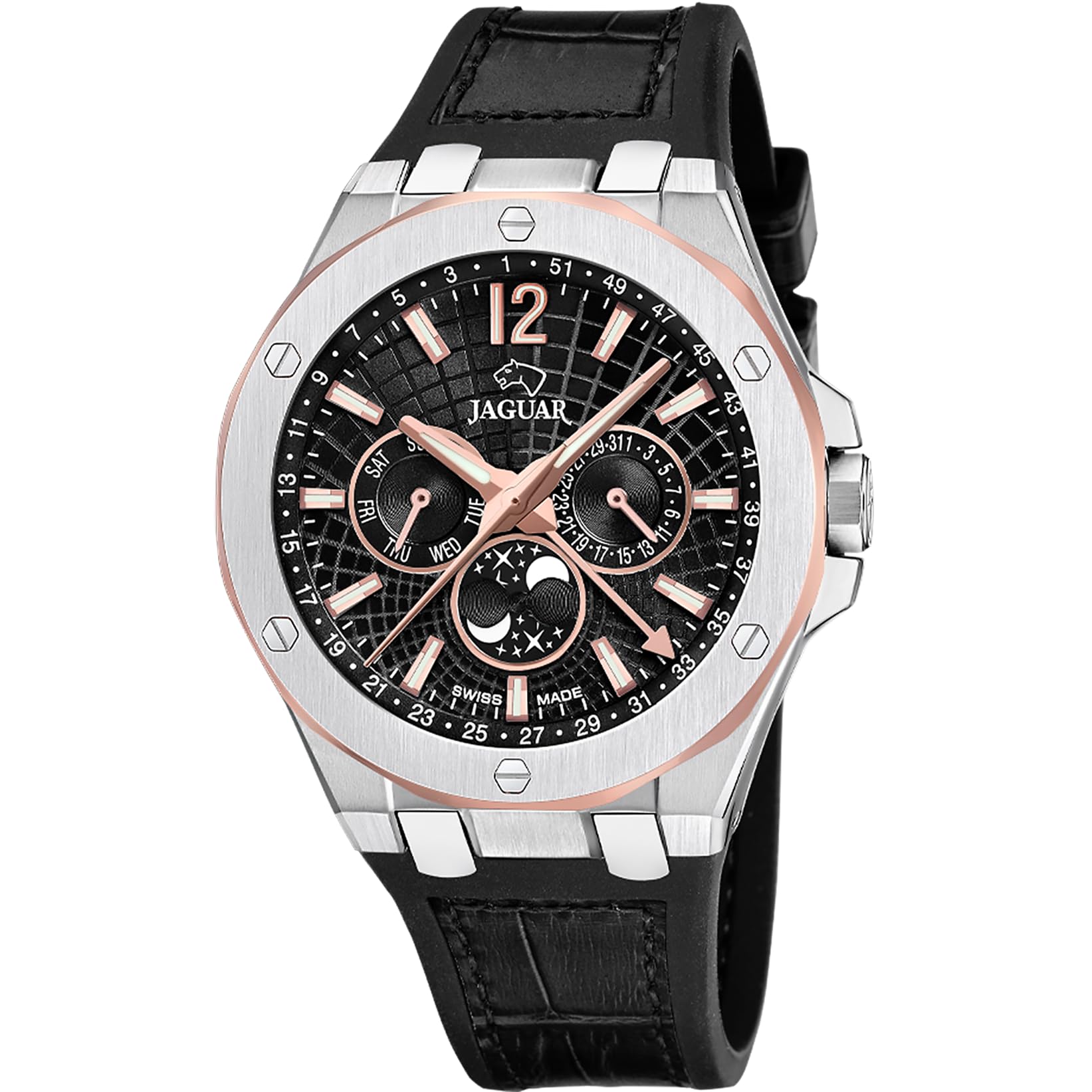 JAGUAR Swiss Made Reloj Analógico Hombre con Fase Lunar de Cuero Negro - Movimiento de Cuarzo - Cristal Zafiro de Alta Resistencia - Resistente al Agua 10 ATM Elegante J1040/​4 Diplomatic