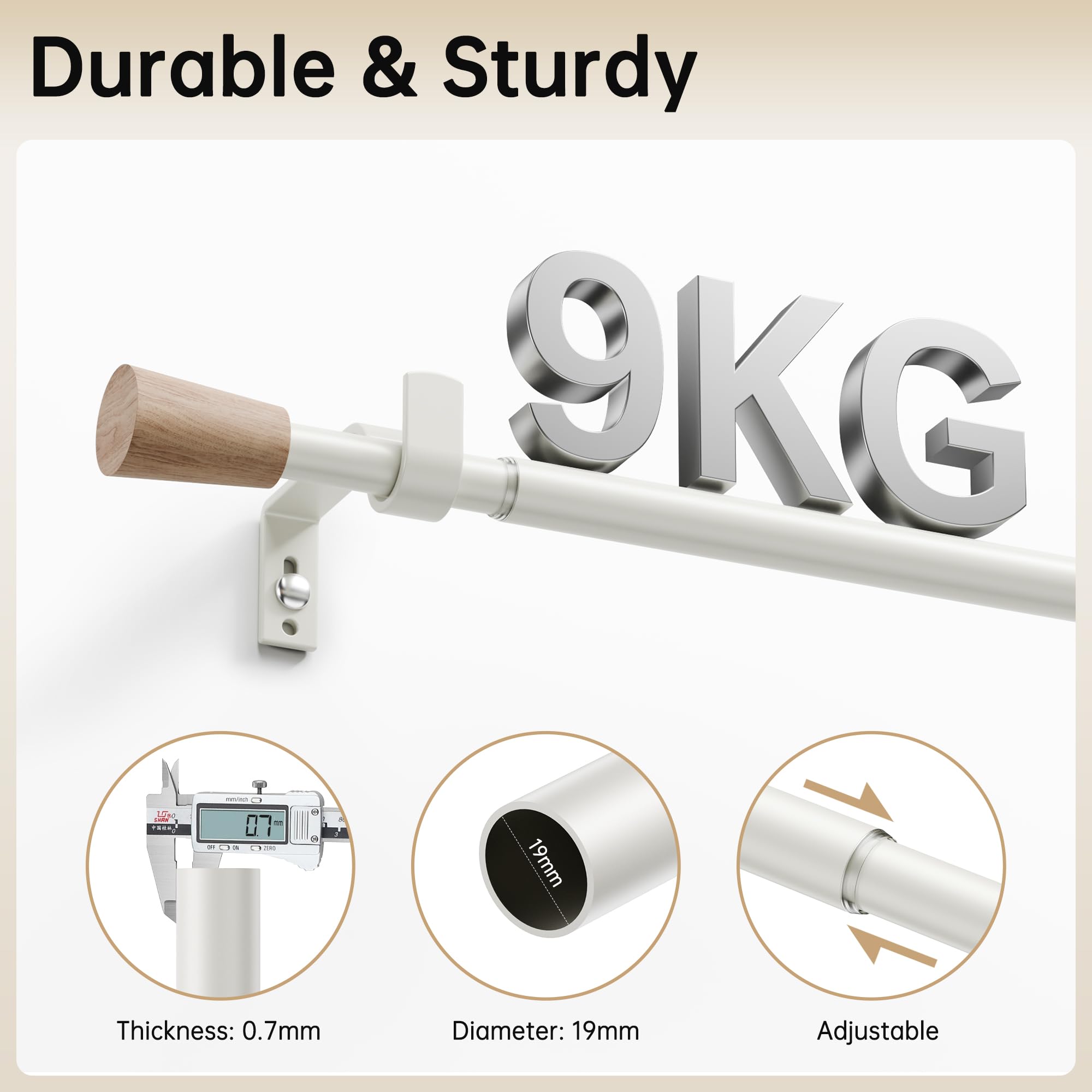 Bastone Tenda Bianco, Bastone per Tende 76-269cm, Bastoni per Tende Allungabile con Estremità Piatta in Acciaio Inox per Camera da Letto, Soggiorno