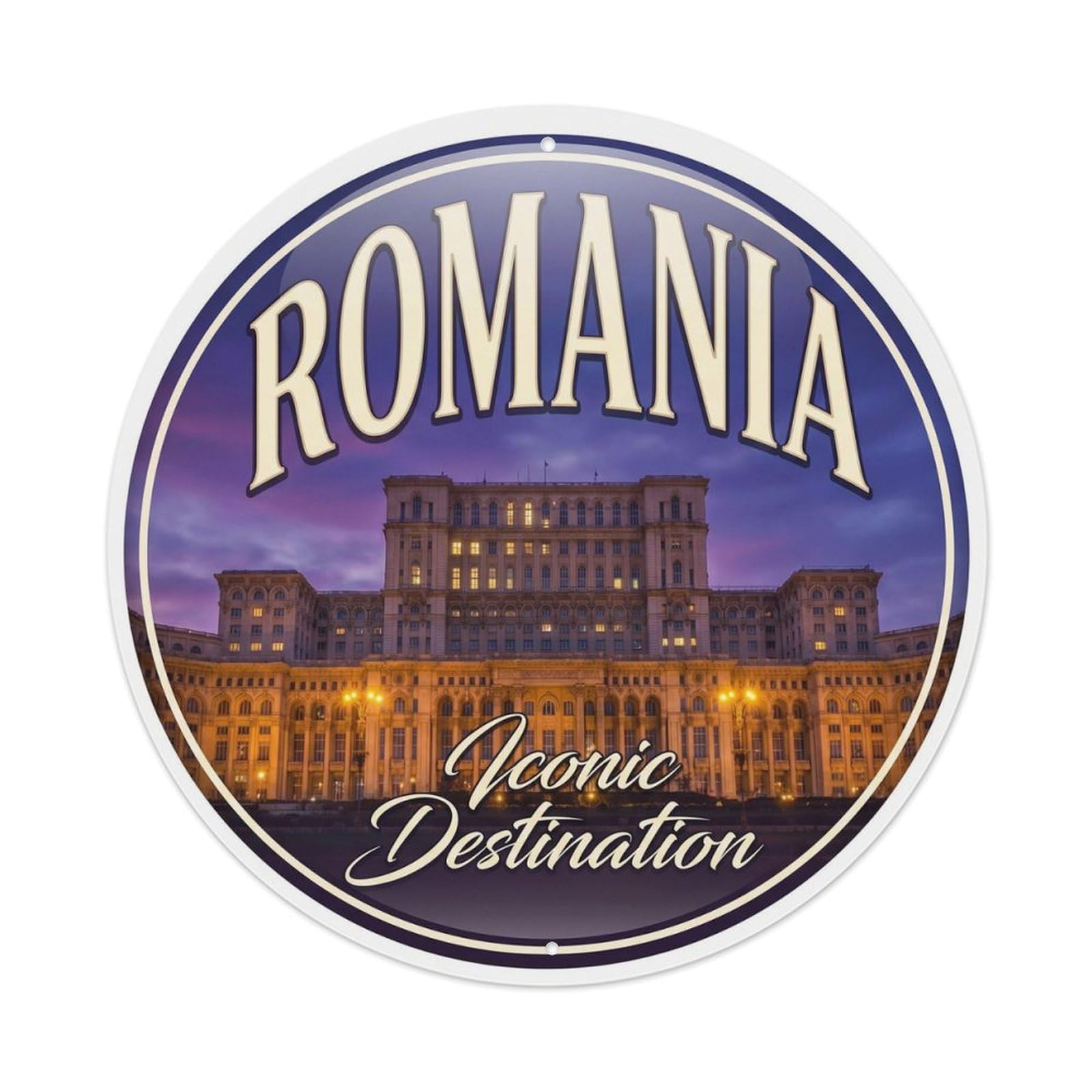Landmark Romania City Destination Classic Heritage Scenic Metal Tin Sign Plaque Wall Decor for Cafe, Man Cave, Club Bar, Office, Home Garden Round Metal Poster 8x8Inch