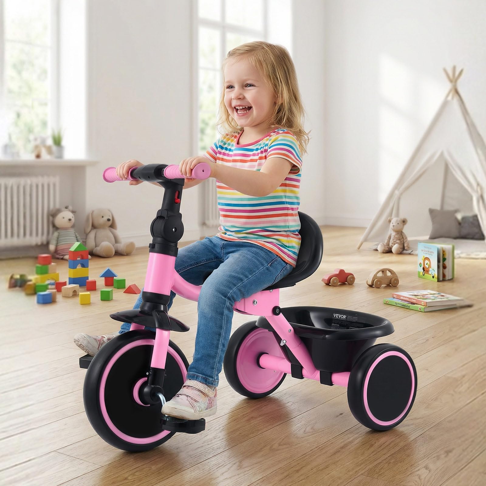VEVOR Triciclo per Bambini 2-5 Anni con Sedile Regolabile Cestino Posteriore Telaio Acciaio Carbonio Ruote EVA Rosa Nero