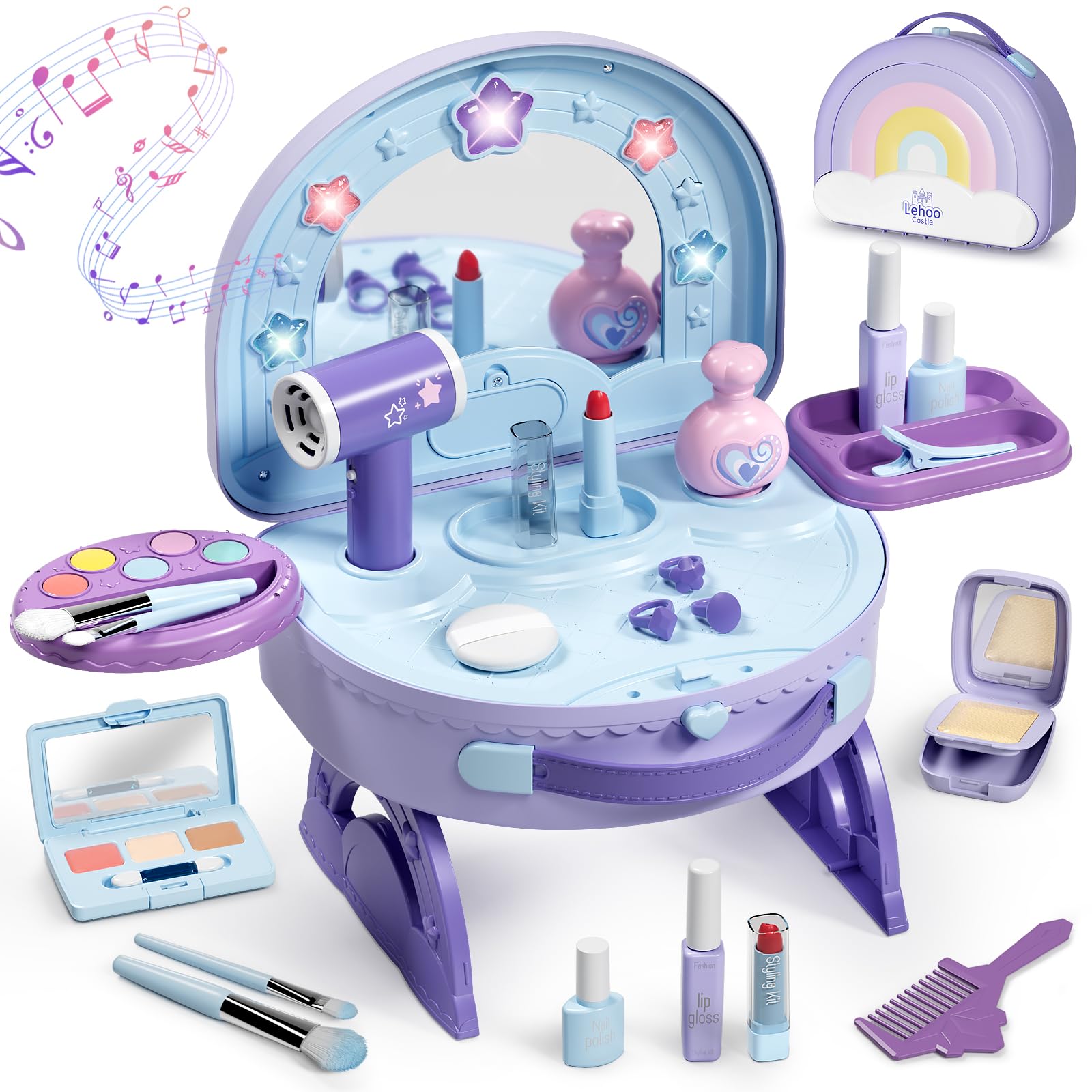Lehoo Castello Trucchetto per Bambine 3 4 5 Anni, Tavolo Toeletta 2-in-1 Portatile con Set Trucco Finto, Trucchetto con Luci e Musica, Regalo di Compleanno per Bambine dai 3 Anni in su