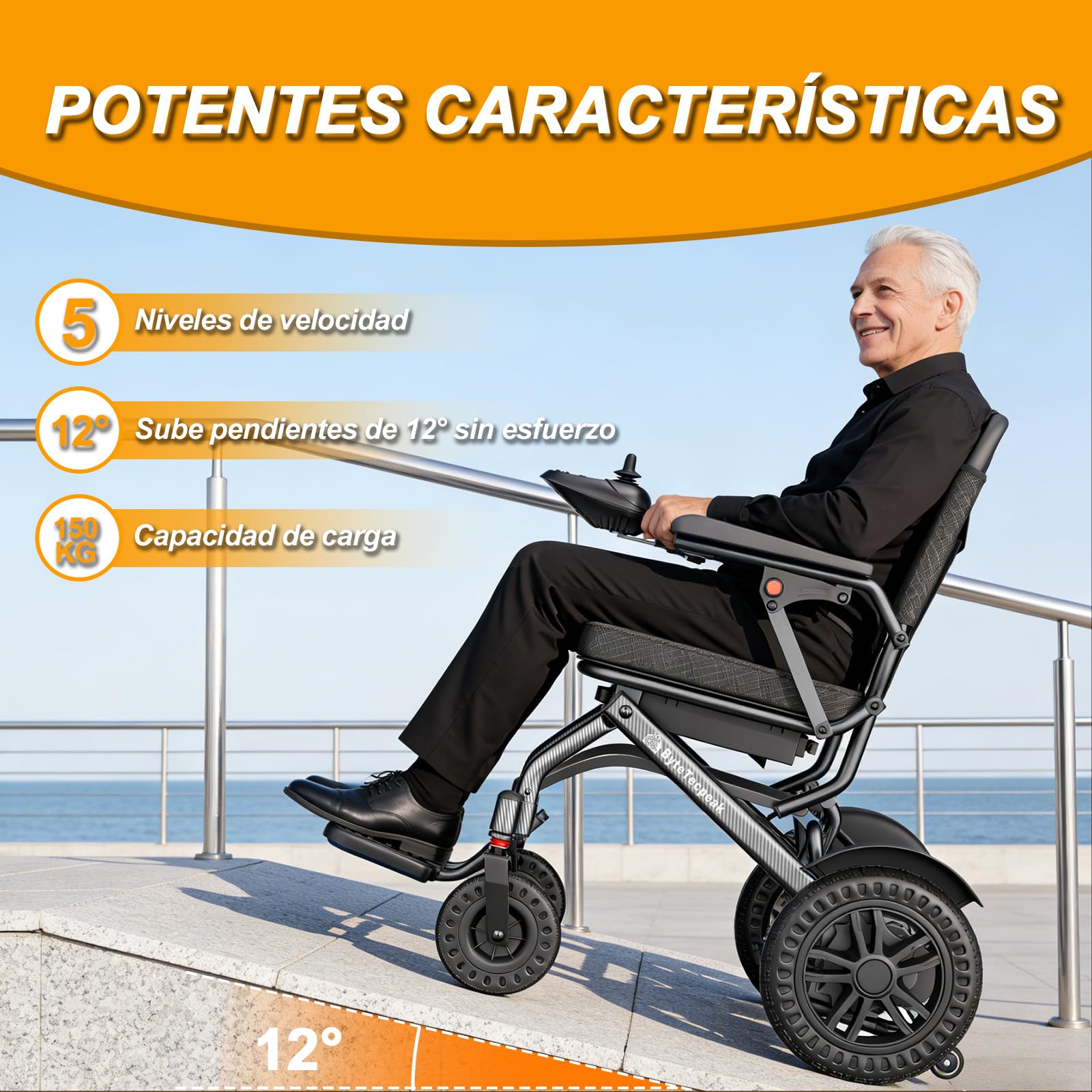 D14 Silla de ruedas eléctrica plegable, alcance 40km, equipada con 2 baterías litio 12Ah, carga 150KG, silla de ruedas eléctrica de aleación de aluminio, para mayores y con movilidad limitada-Negro