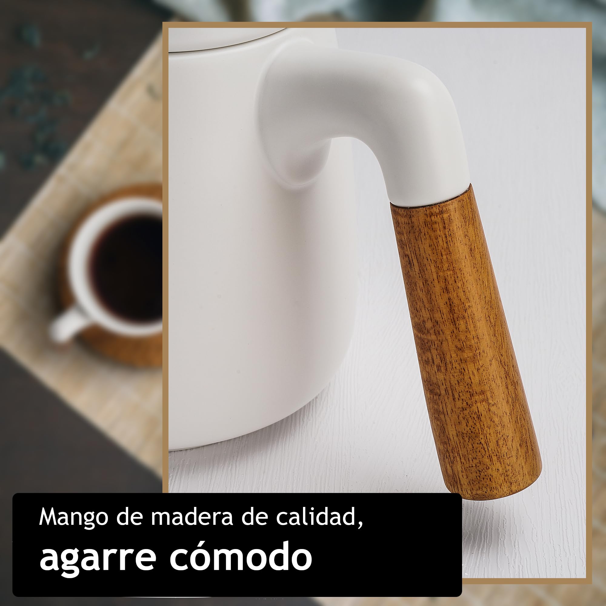 MIAMIO – Juego de tetera de cerámica de 1000 ml con infusor y tazas/colador de té, 4 tazas de té de cerámica (300 ml), platitos de bambú/asa para el hogar y el despacho (Blanco)