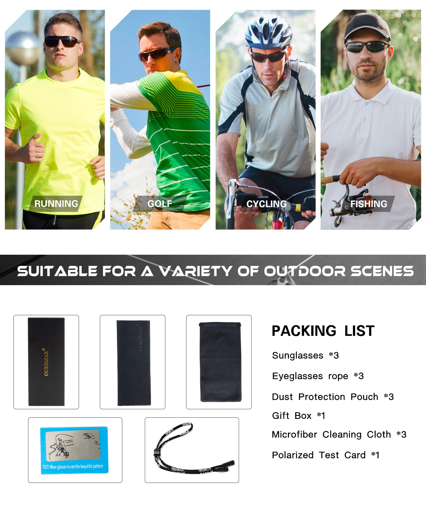 Occhiali da sole polarizzati da uomo sportivi: occhiali da sole avvolgenti per corsa, ciclismo, golf, protezione UV, confezione da 3