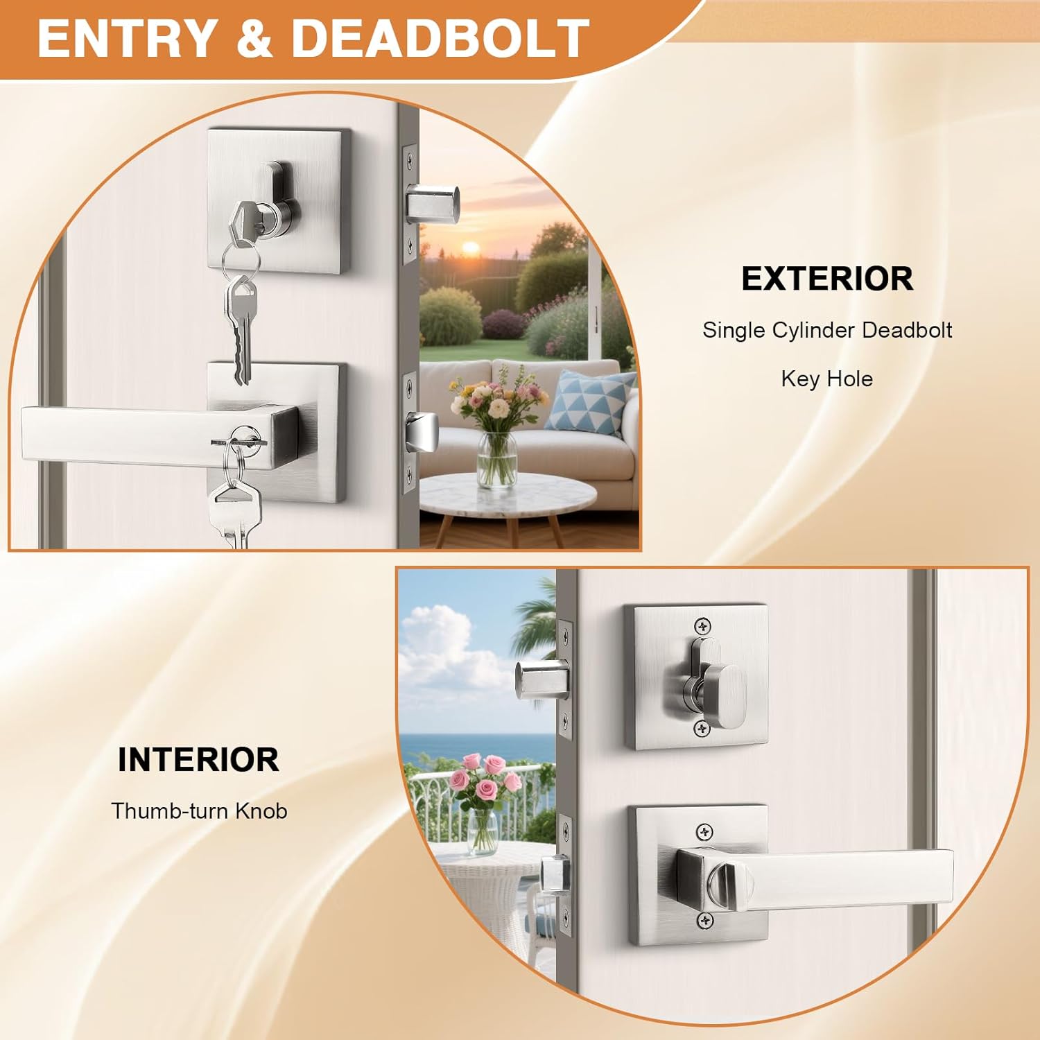 Probrico Square Entry Levers and Single Cylinder Deadbolts Combo Pack, Satin Nickel Keyed Alike Heavy Duty Keyed Entry Handles Locksets Reversible for Right and Left Side, 2 Pack(All Same Keys)