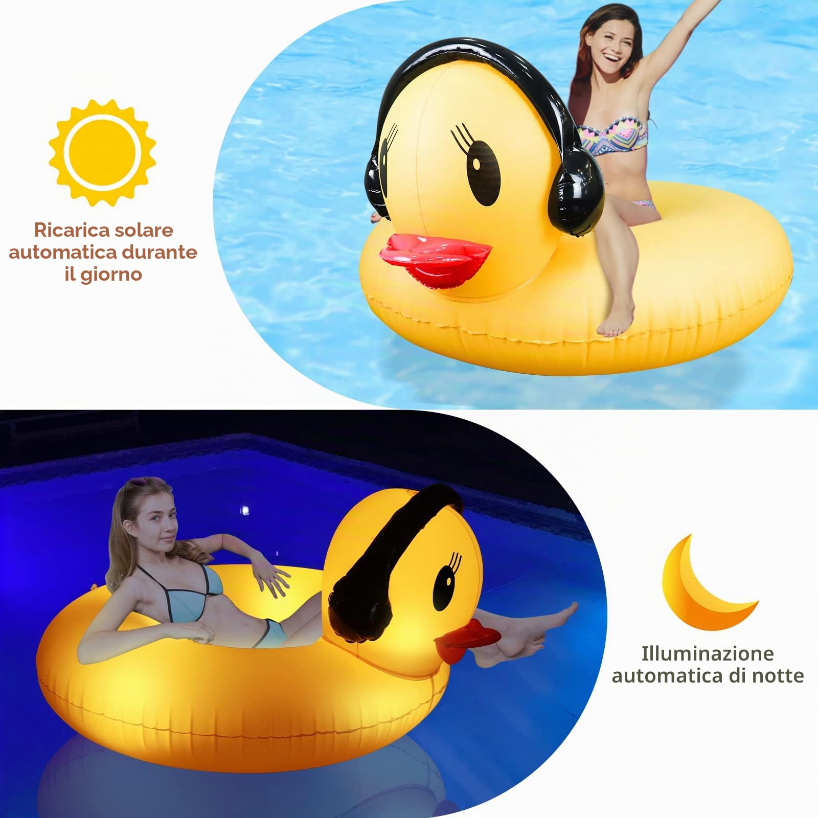 DeeprBetter Gonfiabile Piscina Galleggiante con Luci, Animali da Piscina Galleggianti a Energia Solare Anello da Nuoto per Adulti, 107 cm Galleggiante Piscina Anatra Giocattoli Gonfiabili per Piscina