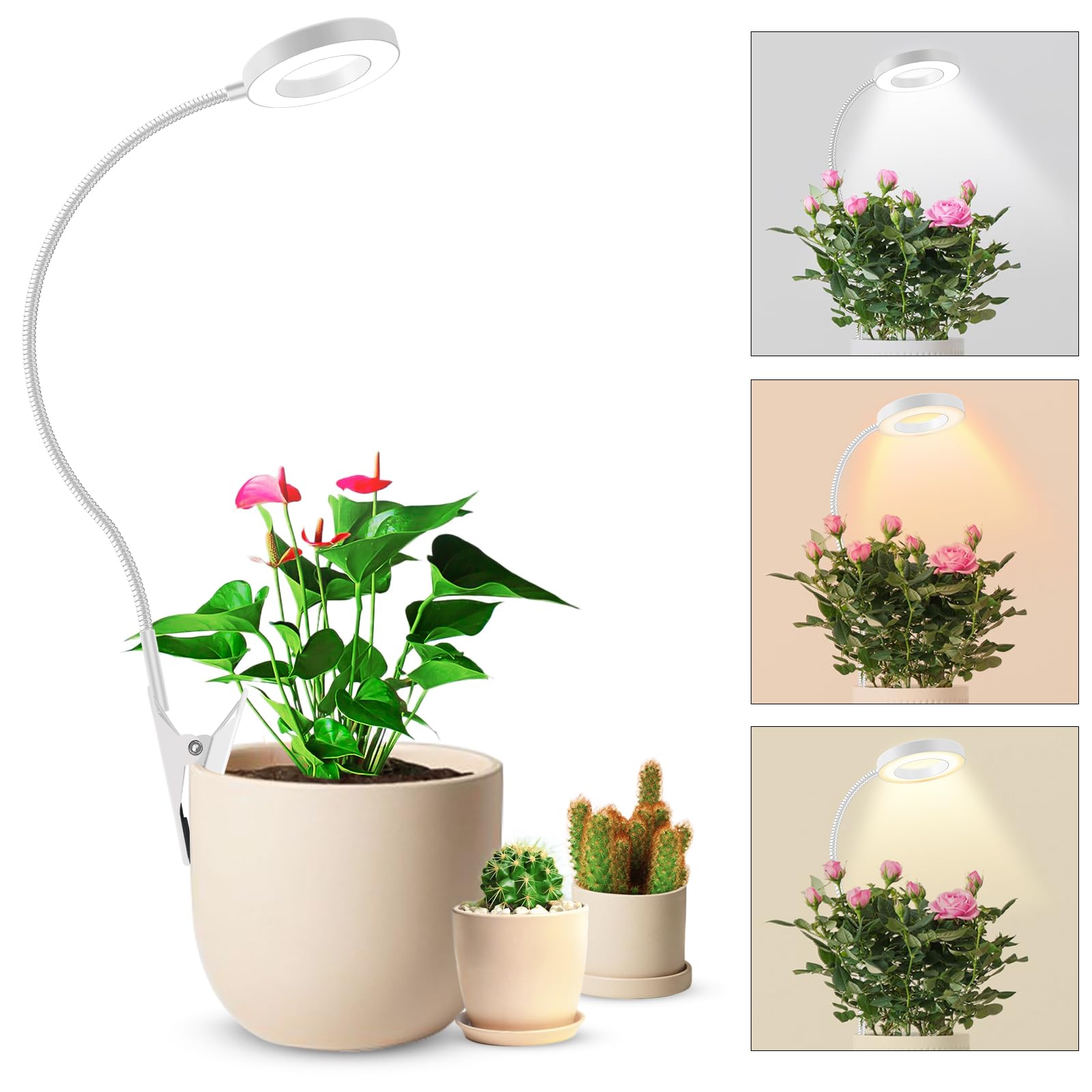 Pflanzenlampe LED Vollspektrum, Pot Clip 6500K Grow Light, zwei Installationsoptionen Pflanzenlicht, 3 Farbtemperatur LED Grow Lampe mit 360° Schwanenhals, 6/12/16H Timer, 5 Helligkeit (Weiß 1 Stück)