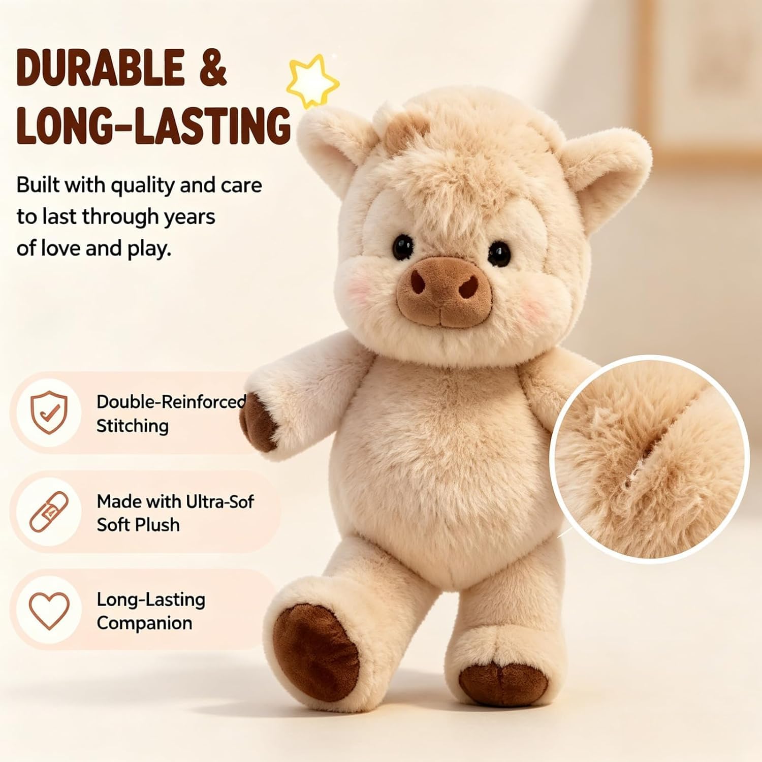 Peluche Vache Qui Court 45cm – Peluche Veau Doux, Cadeau Anniversaire Enfants Filles Garçons Adultes, Décoration Câlin
