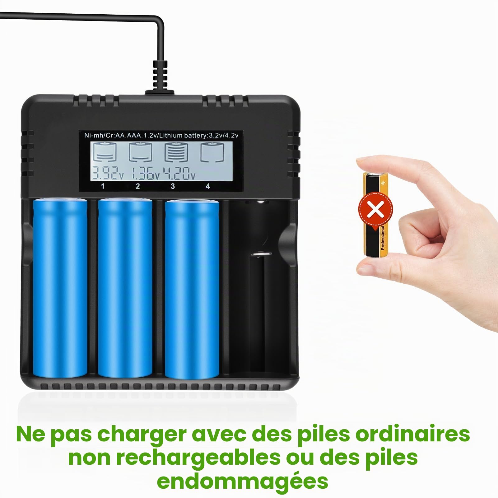 Chargeur LCD Batteries 18650 Li-ION 3.7V 4 Slots Indépendants AA AAA | Charge intelligente batteries, écran digital temps réel, protection avancée et compatibilité Li-ion NiMH pour usage quotidien