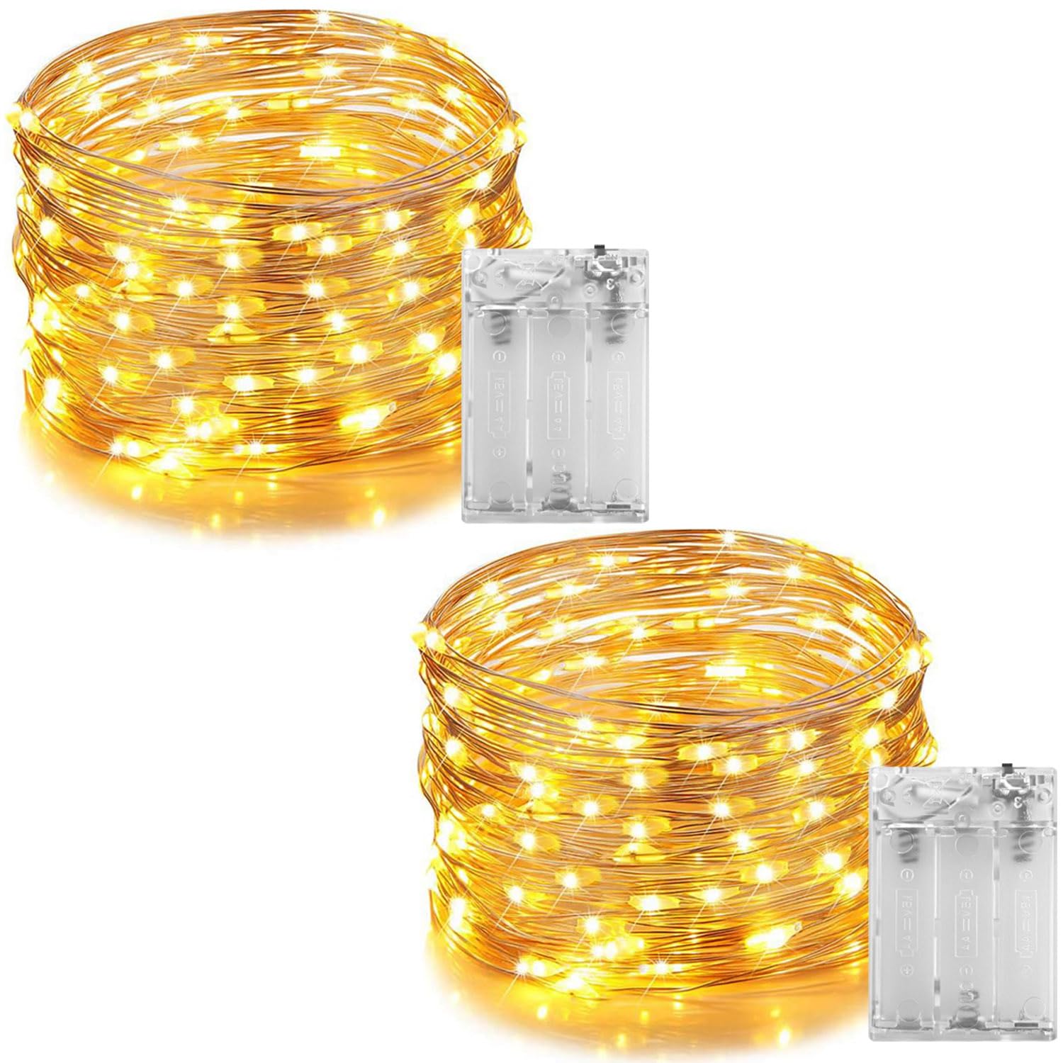 Fairy Lights, 2 Pack 10M 100 LED String Lights Mini Battery Operated Copper Twinkle Lights, Warm White Fairy String Lights for Indoor Outdoor Christmas Decorations, Party, Wedding, Bedroom, Birthday