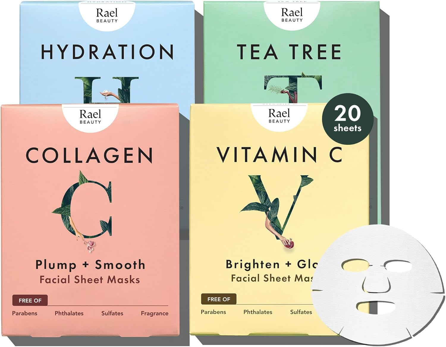 Rael Face Mask Skin Care, Bamboo Facial Mask Sheet Set – Variety Pack, Korean Skincare, All Skin Types, Gift Set (5 Hydration, 5 Vitamin C, 5 Collagen, 5 Tea Tree, 20 Sheets)