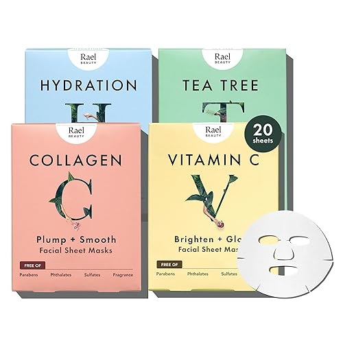 Rael Face Mask Skin Care, Bamboo Facial Mask Sheet Set - Variety Pack, Korean Skincare, All Skin Types, Gift Set (5 Hydration, 5 Vitamin C, 5 Collagen, 5 Tea Tree, 20 Sheets) - Variety