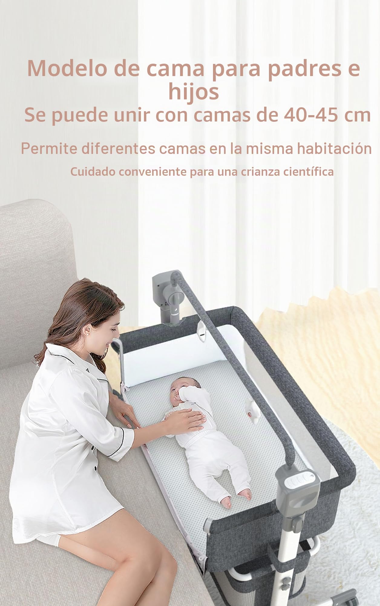 Magic ZC Cuna al Lado de la Cama de Bebé Cuna Portátil Multifuncional Convertible Cunas Plegable con Música Bluetooth 5 Dispositivos Oscilantes Control Remoto (Khaki)