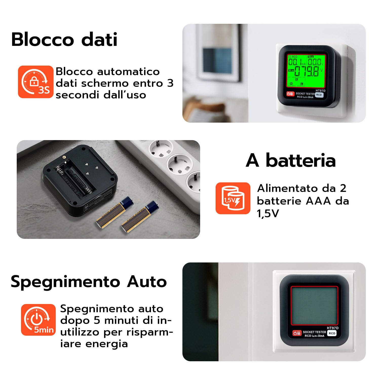 Wigearss Tester de Prese, Tester per Circuiti Elettrici con Test RCD e Display LCD, 6 Tipi di Diagnosi di Errore, Indicatore di Tensione di Dispersione e Corrente, Test FI, 30-260V/45-65Hz