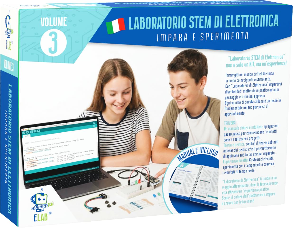 ELAB – Laboratorio STEM di Elettronica Volume 3 | Kit Didattico Coding con Arduino™ Nano R4 Originale, Manuale Guidato, Breadboard e Componenti per Progetti | Arduino™ Nano R4 Originale, Manuale Guidato, Breadboard, Componenti per Progetti
