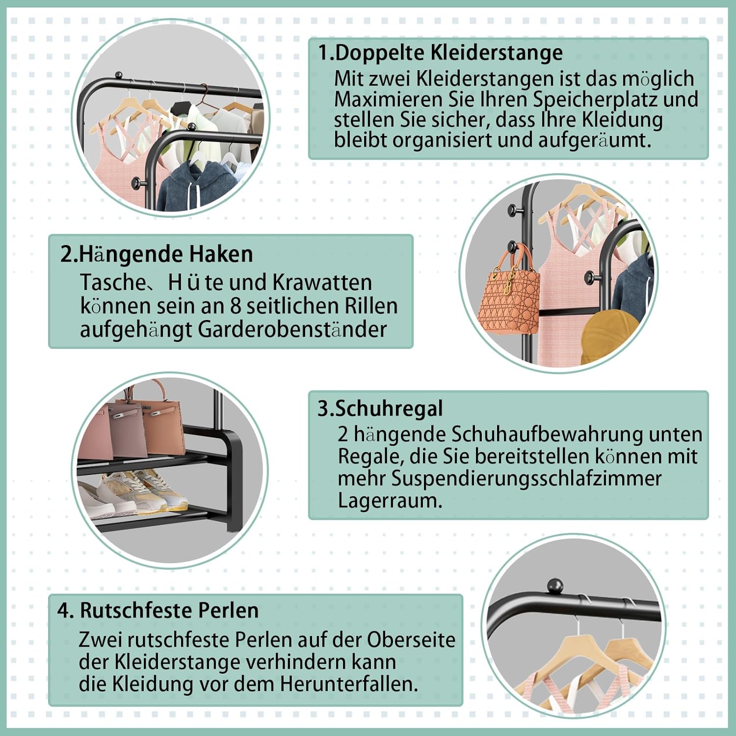 Detailed view of SMILOVII coat rack features including double rods, hooks, shoe rack, and anti-slip beads