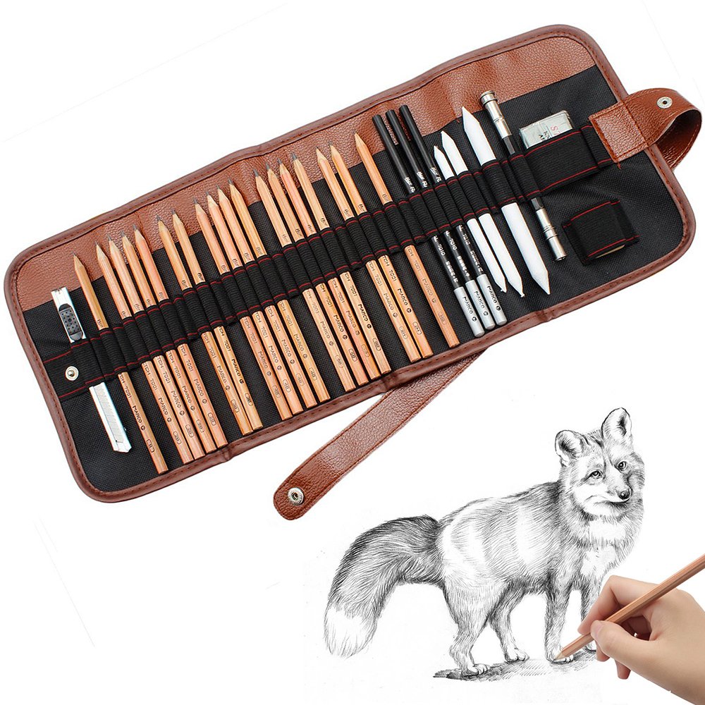 Sketching Pencil Set, COFIVE 18pcs Pen Charcoal Sketch Set with Roll Up Canvas Carry Pouch Pencils Eraser Craft Knife Pencil Extender 29pcs in Total for Beginners Artist Student Artists Getting Started Young artist student or Any budding artists
