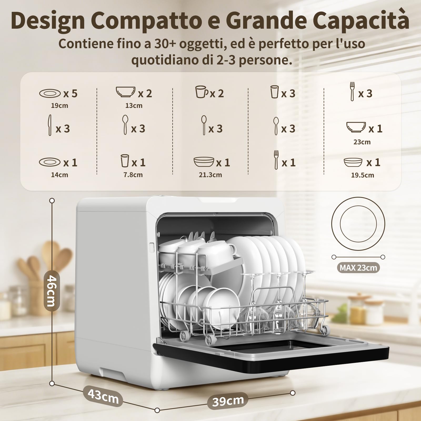 Mini Lavastoviglie da Tavolo, con Funzione di Addolcimento Dell'acqua, Lavastoviglie portatile da 5L, 7+3 Programmi, Touch Control e Display LED, Ideale per Cucine, Apt e Dormitori