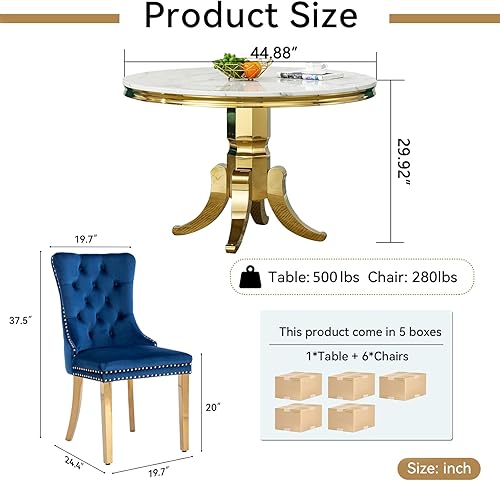 Miniatura 9 de Juego de mesa de comedor redonda de mármol blanco para 6, mesa de comedor redonda de lujo de mármol de 45 pulgadas con 6 sillas de terciopelo azul,