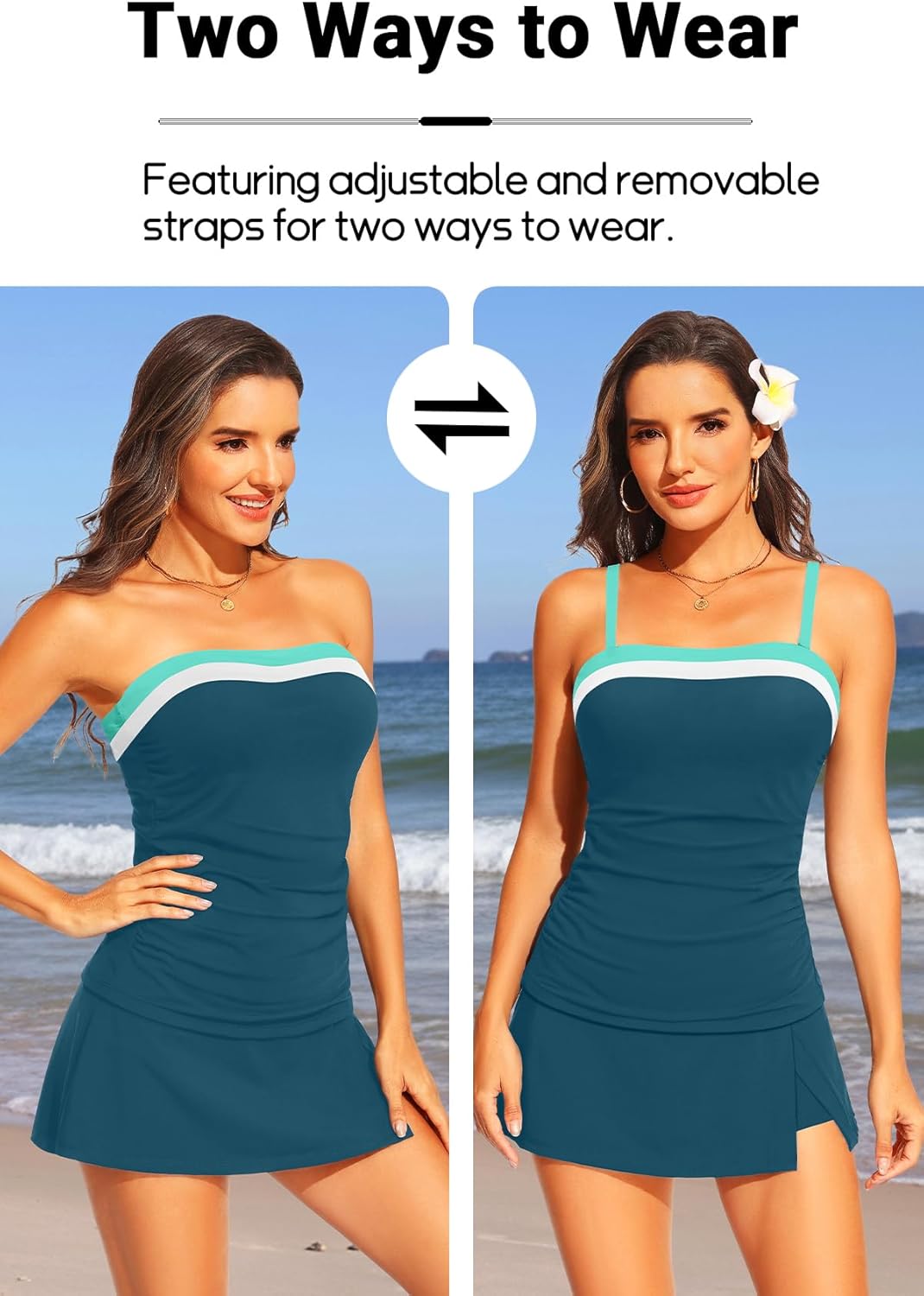 Yonique Women Bandeau Tankini with Skirt - Two Piece Strapless Bathing Suits Color Block Tummy Control 2026 Swimsuit