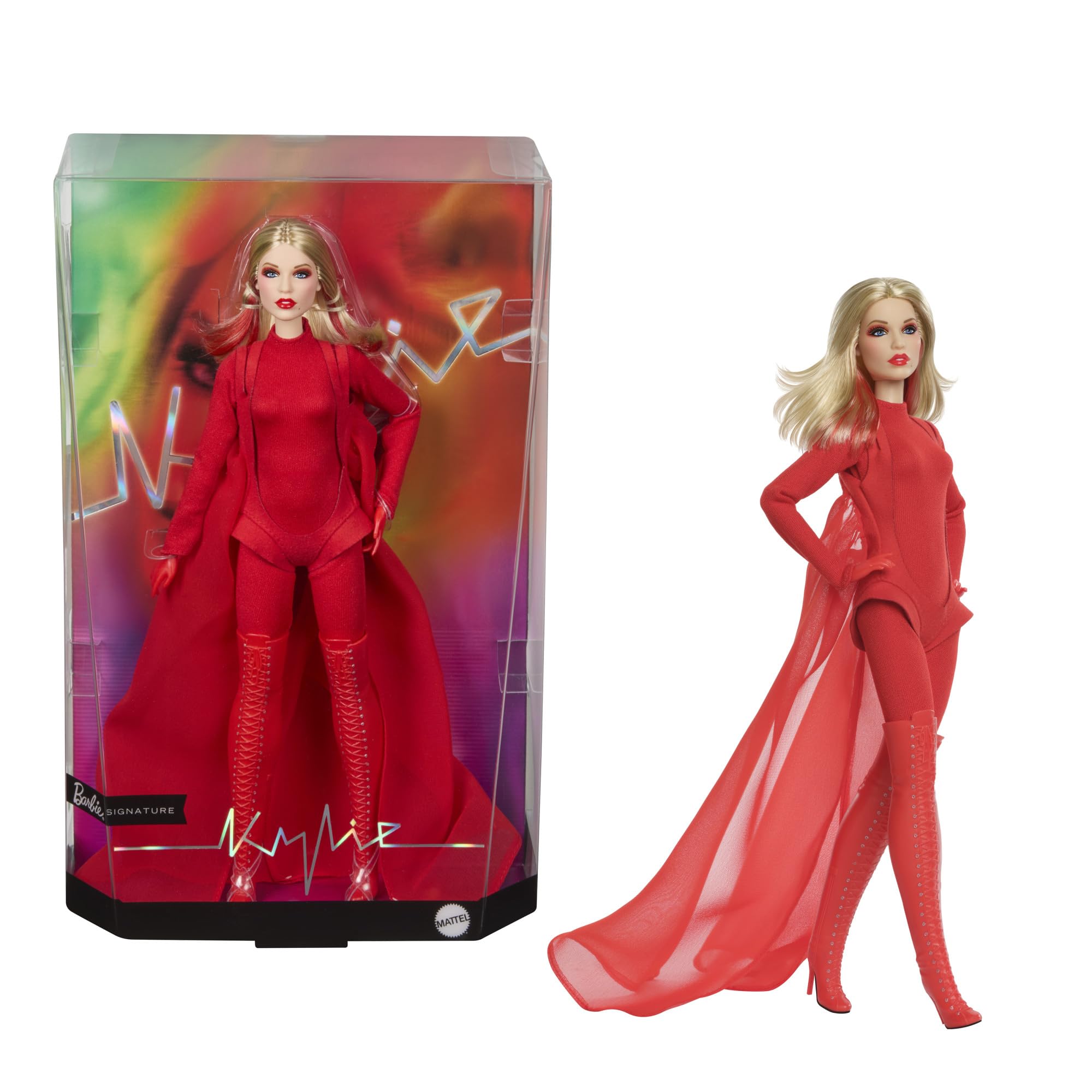Barbie Signature Kylie Minogue, bambola snodata da collezione con outfit del video musicale Padam Padam con tuta rossa, mantello in chiffon e stivali stringati, JBJ39