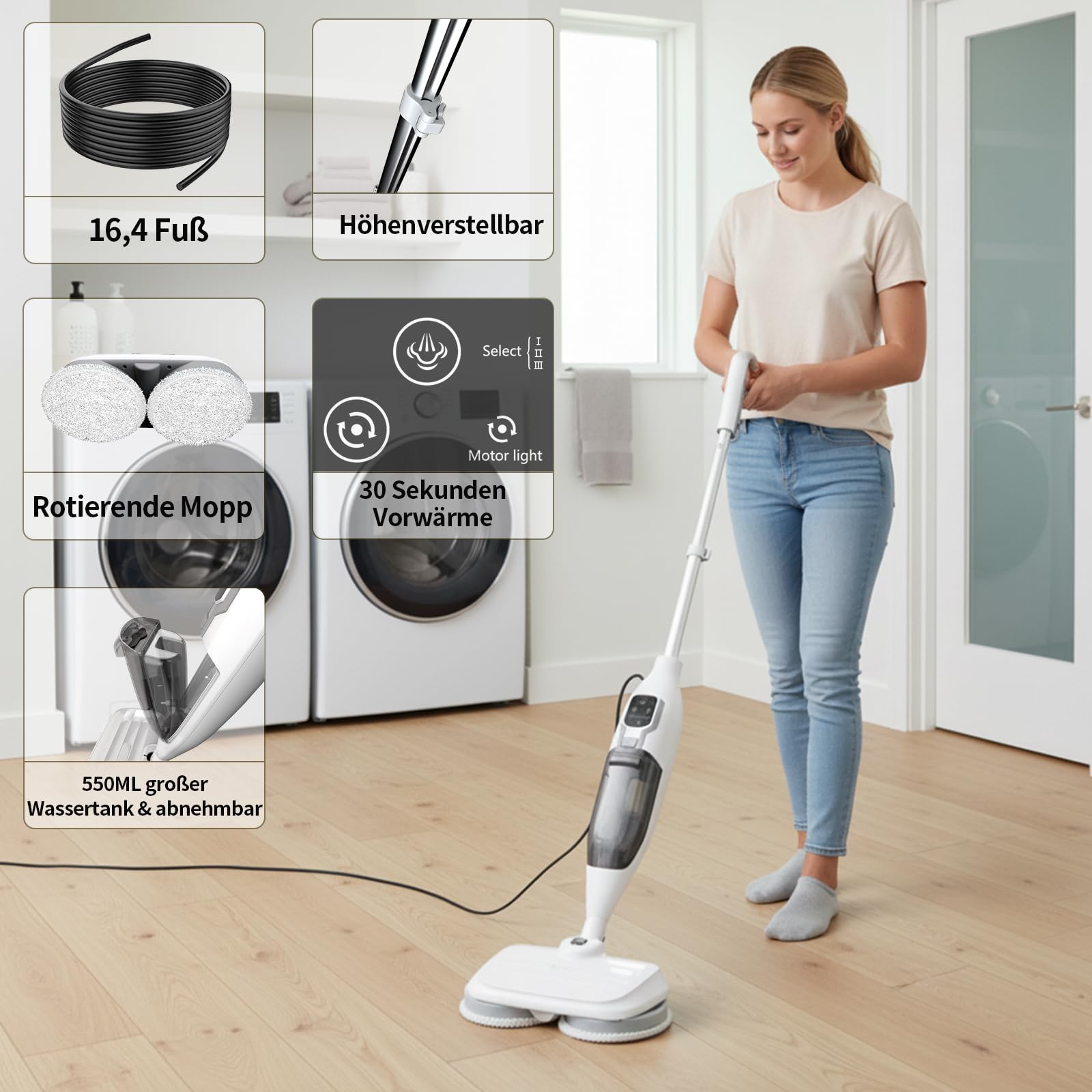 2-in-1 Dampfreiniger Mop mit Handgerät, 30s Schnellaufheizung, 4 Mikrofaserpads, Für alle Hartböden und Teppiche,entfernt 99,9%,weiß