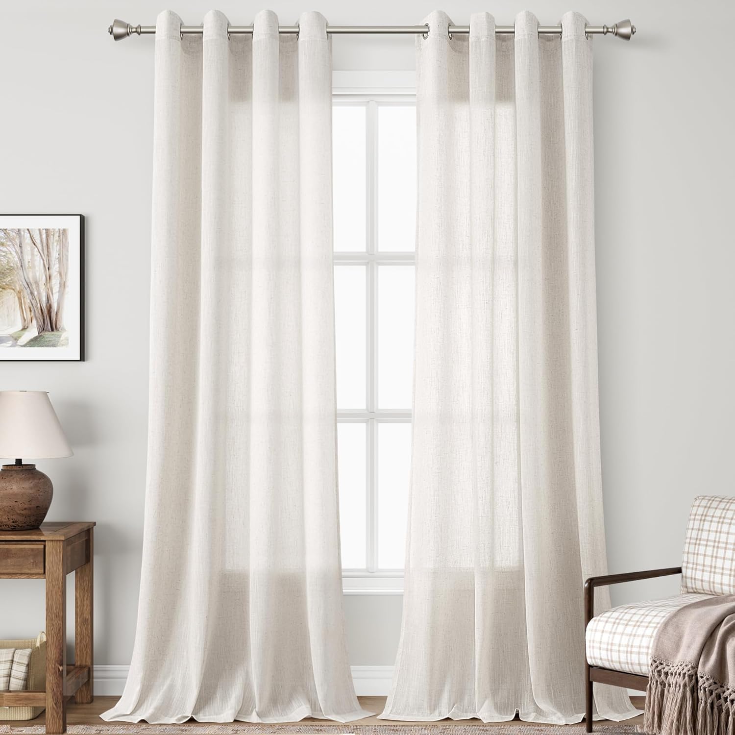 Nanspring Beige Semi Sheer Linen Drapes 96 inches Long 2 Panels for Dining Room Earthy Tone Grommet Window Curtain Privacy Light Filtering Living Room Curtains 96 Inch Length Floor to Ceiling 8 Ft Linen 52"W x 96"L (Pack of 2)