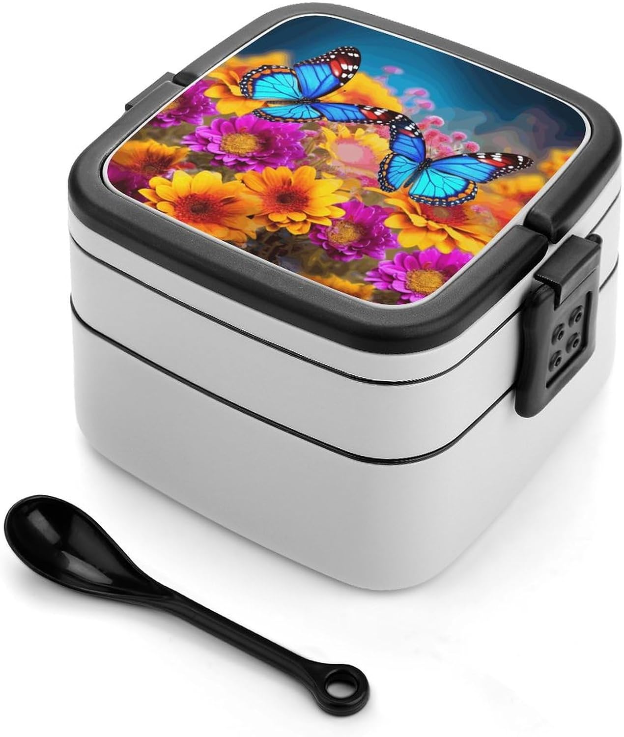 Colorful Butterfly Flower Bento Box Adult Lunch Box Containers with Spoons Double Layered Lunch Containers Portable Lunch Boxes Food Container for Work Picnic Travel