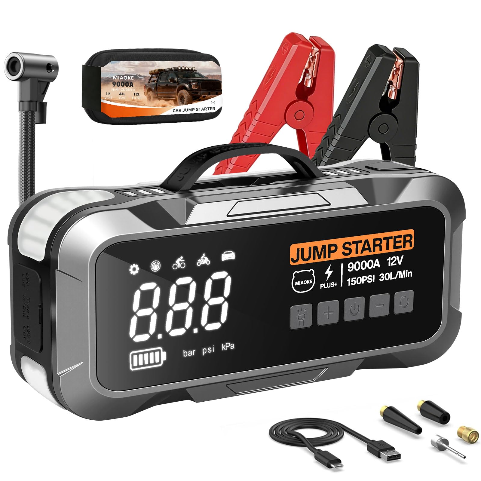 Paquete de potencia mejorado de arranque 9000A, 22 cilindros, tiempo de inflado rápido de 90 segundos, con iluminación LED, chip de IA, compresor de aire de 12 V, 150 PSI, para vehículos diésel