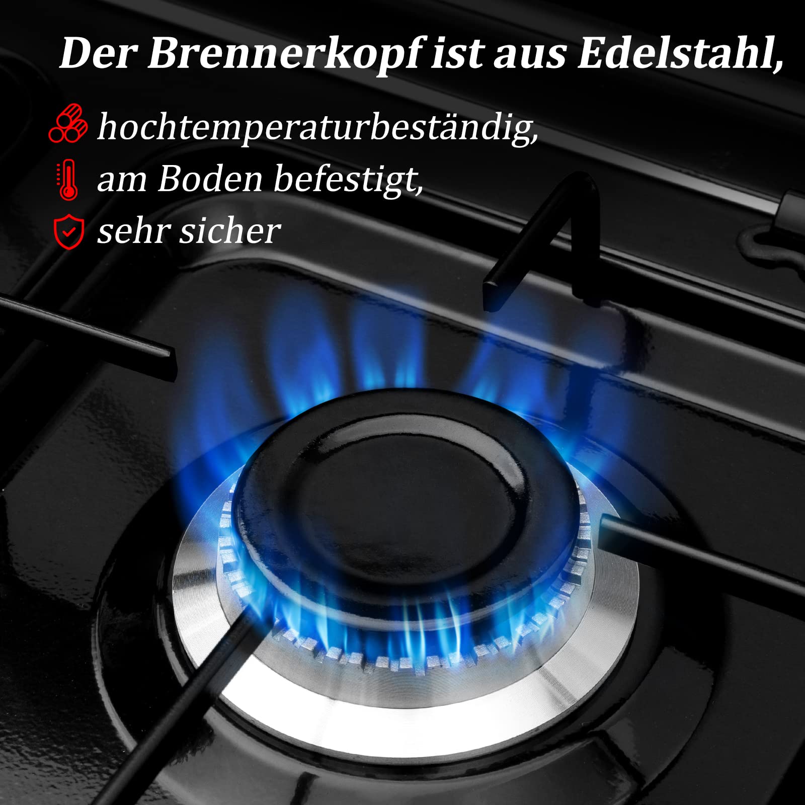 HOMELUX 6,2 KW Gaskocher 4 Flammig Campingkocher mit 150cm Gasschlauch Kochfeld mit Deckel Herd Gas Outdoor Schwarz