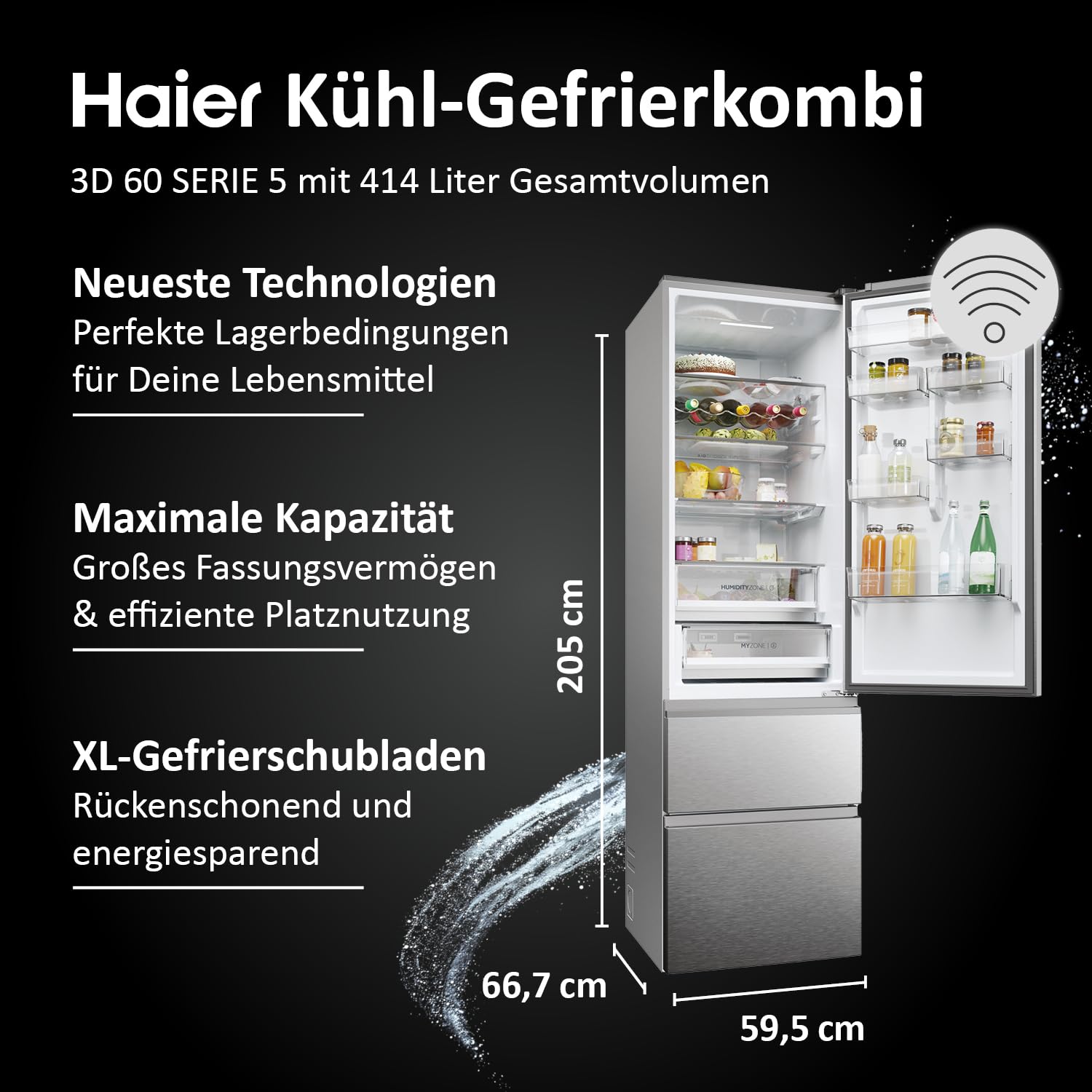 Haier Kühl-Gefrierkombination 3D 60 Serie 5 HTW5620DNMG | 2,05m, No Frost, Ergonomische Gefrierschubladen, Mit Gefrierfach freistehend, Fassungsvermögen 414L, Wi-Fi, Smarte Kühlfächer