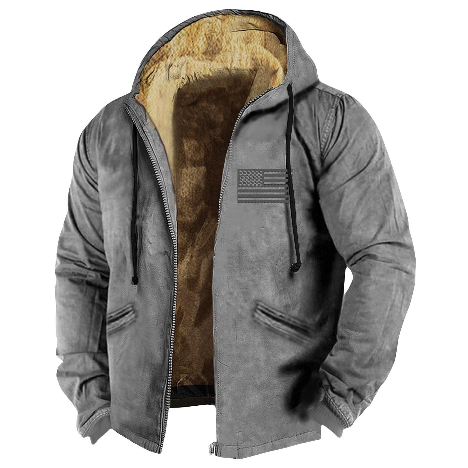 Jackets for Men Vintage Printed Jackets Full Zipper Hoodies Winter Warm Coats Sherpa Fleece Lined Outwear