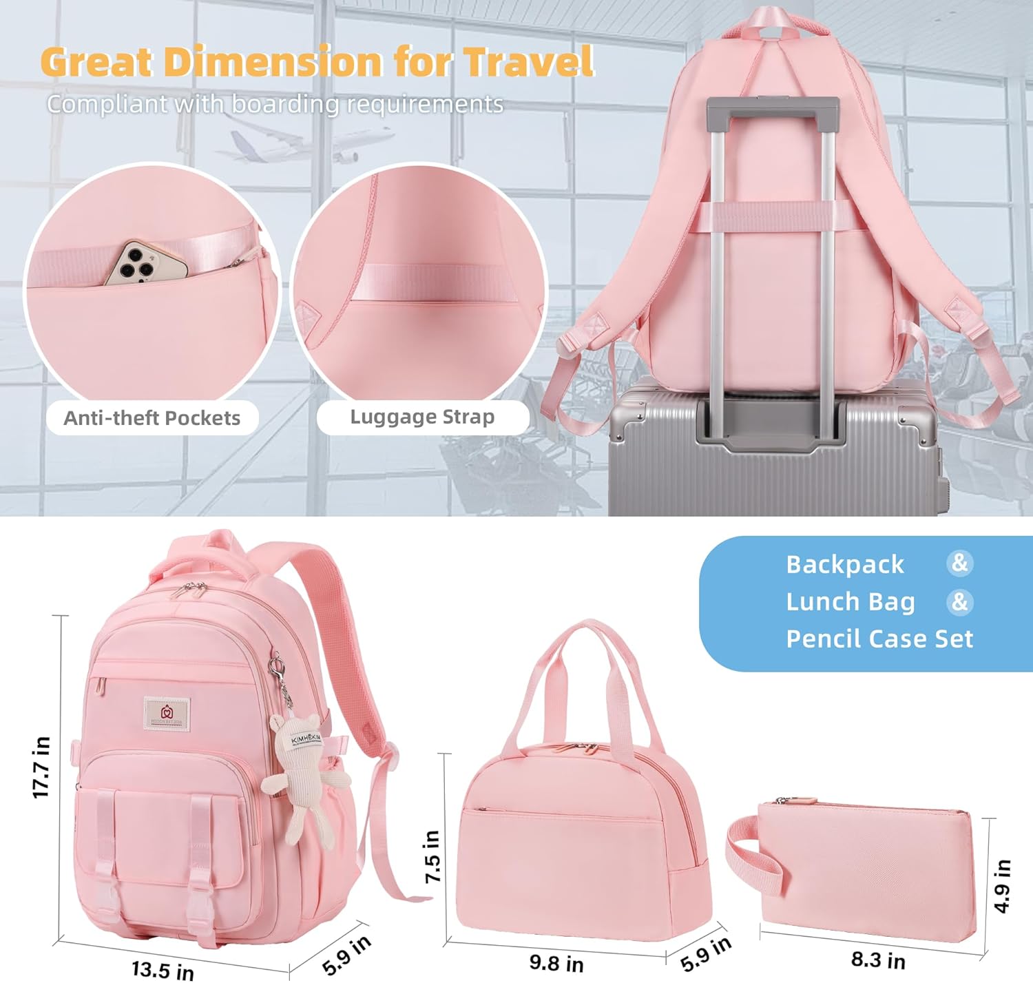 Hidds School Backpack for Teens Girls Women 3 PCS Kids Bookbag Set with Lunch Box College Laptop Backpacks Travel Daypack Bag - Image 3