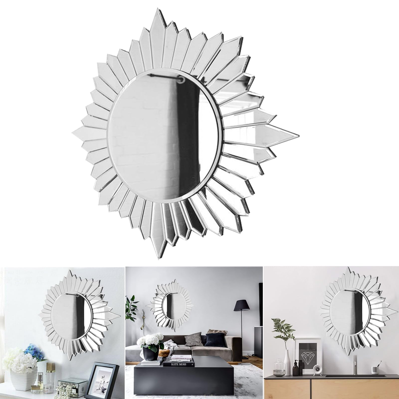 Ara Choice Large Sunburst Round Glass Wall Mirror Luxury Circular Decorative Art Frameless Hanging Living Lounge Bathroom Elegant Artistic Look Venetian Beveled Edges Hall Mirror Mount (60Cm)