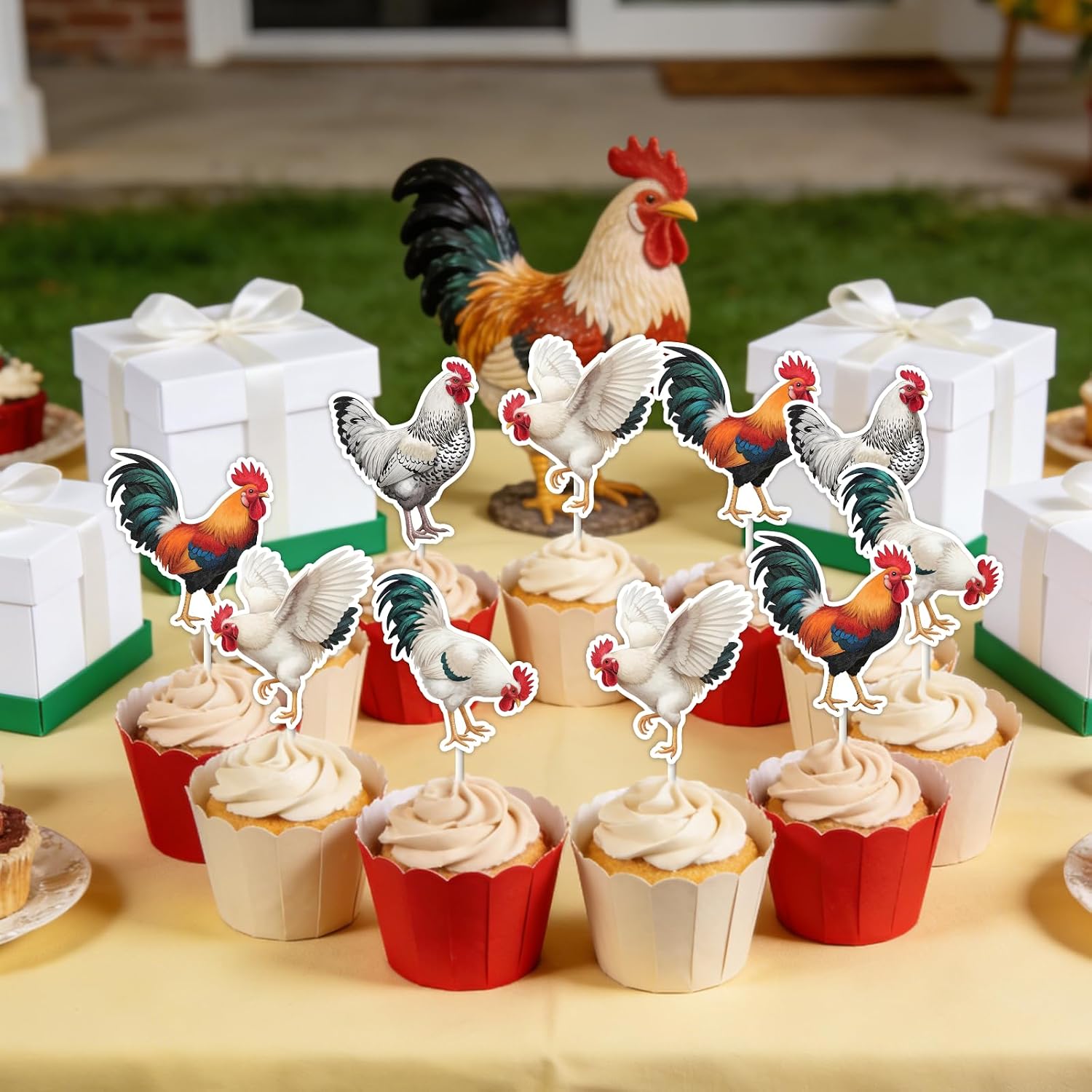 36 Pcs Rooster Cupcake Toppers - Rooster Birthday Party Decorations for Boys Girls, Double Sided Farm Animals Farmhouse Barnyard Theme Party Supplies