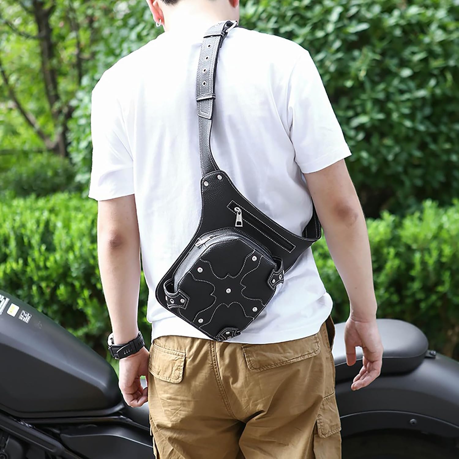 Women’s PU Leather Waist Bag – Gothic Thigh Leg Hip Bag Crossbody Fanny Pack, Adjustable for Motorcycle, Travel, Festival (Black) (Black 003)